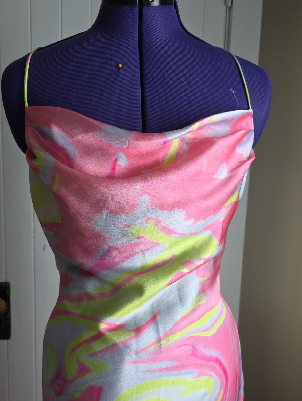 Pink Marble-Print Cowl Neck Maxi Dress - Spaghetti Strap